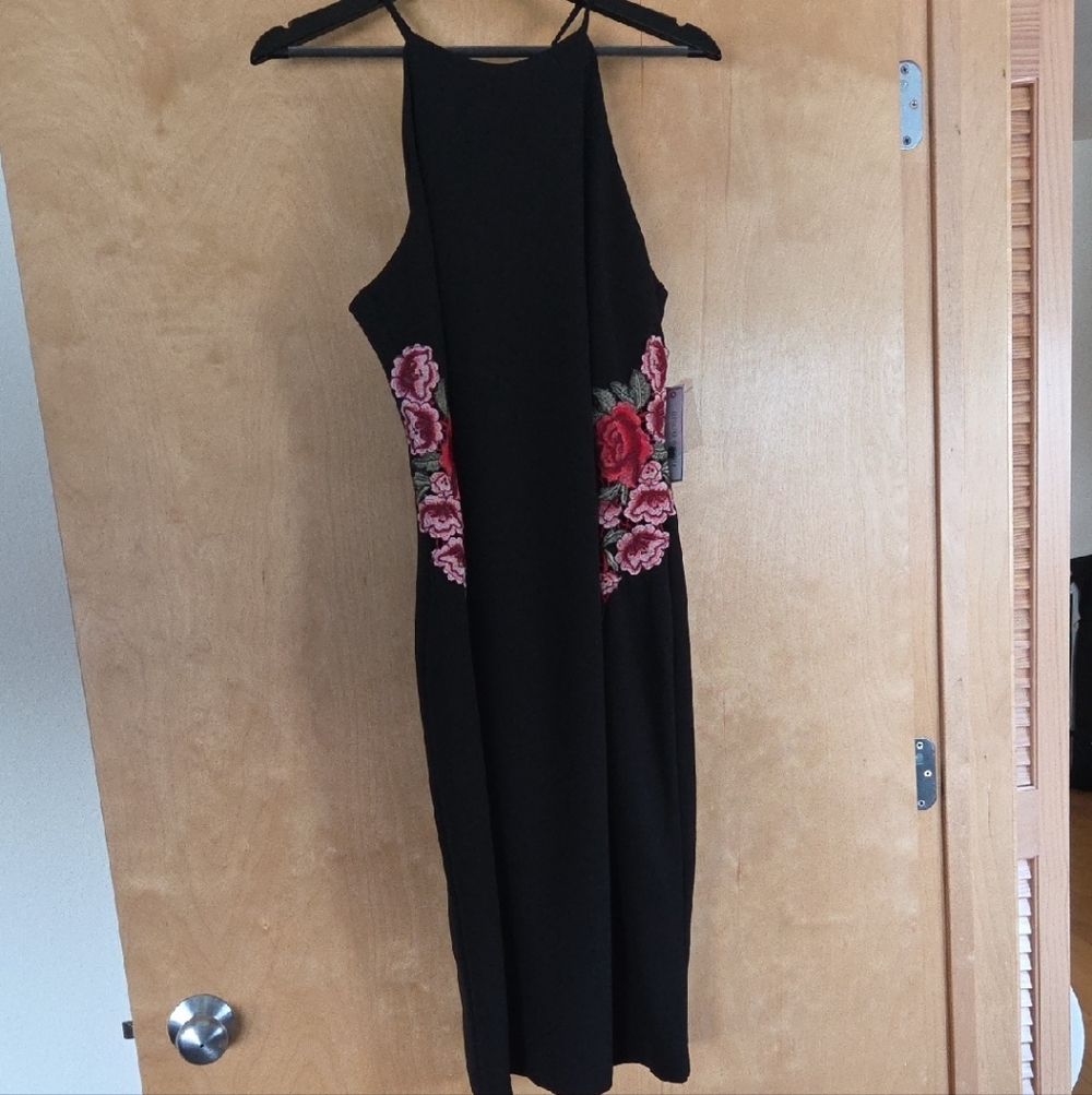 Bisou Bisou Black Midi Dress with Red Floral Accents